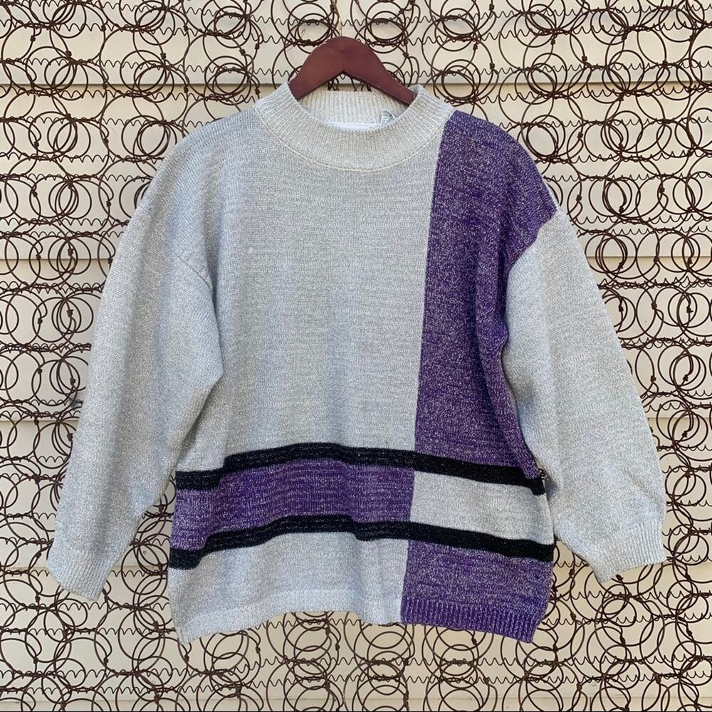 Vintage 80s 90s metallic silver purple geometric knit sweater